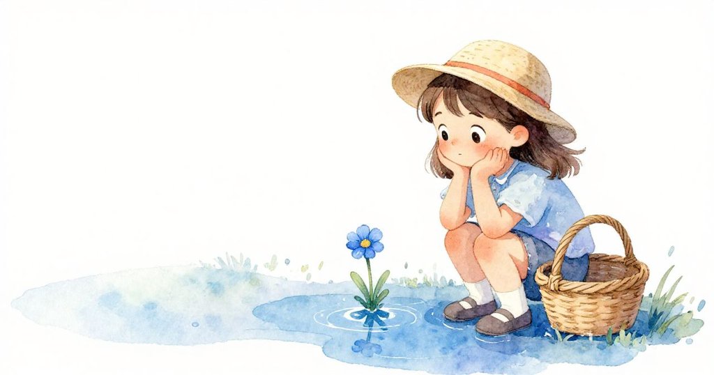 Hana停下手中工作,凝視石板邊藍野花在水坑中的倒影,臉上流露出驚喜與柔和的沉思情緒。