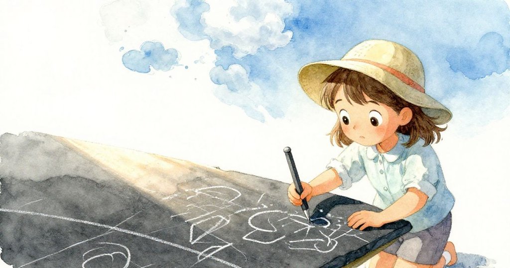 Hana操作石板時,天空中一朵輕柔流動的雲掠過,投下夢幻光影,整個場景充滿神秘而溫暖的氛圍。