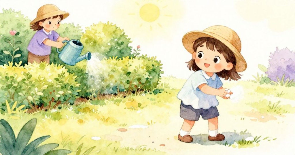 Hana退後欣賞作品,輕輕拂去手上粉筆灰,背景中庭園義工澆灌樹籬,構成溫暖協調的完美結局。