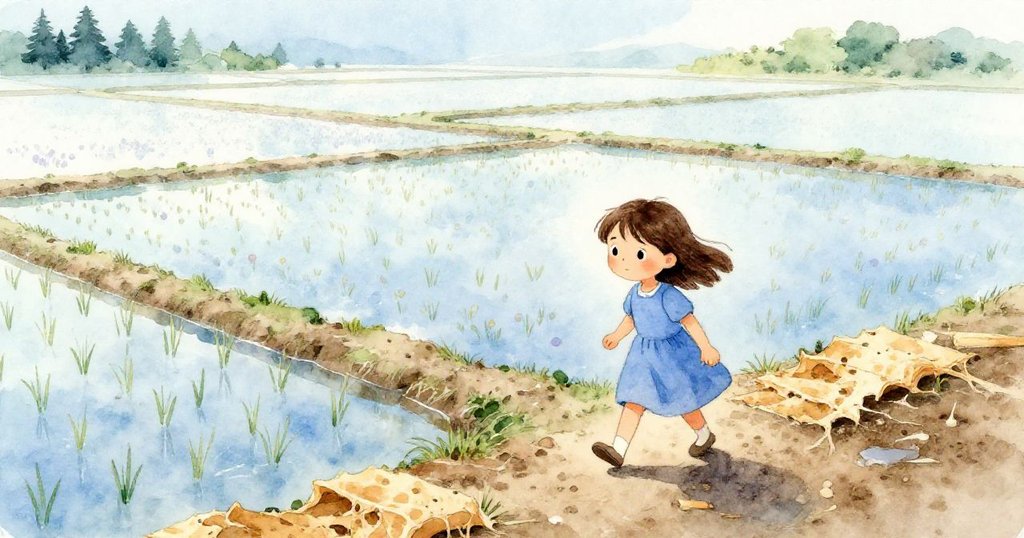 阿爾瑪在清晨的稻田邊小徑上行走，一隻腳踩在乾燥裂層上，臉上充滿決心與期待