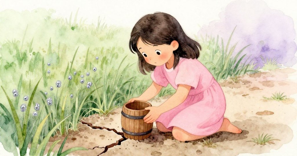 哈里特蹲在裂縫旁，專注地觀察細小縫隙，同時緊握木桶，充滿耐心與希望