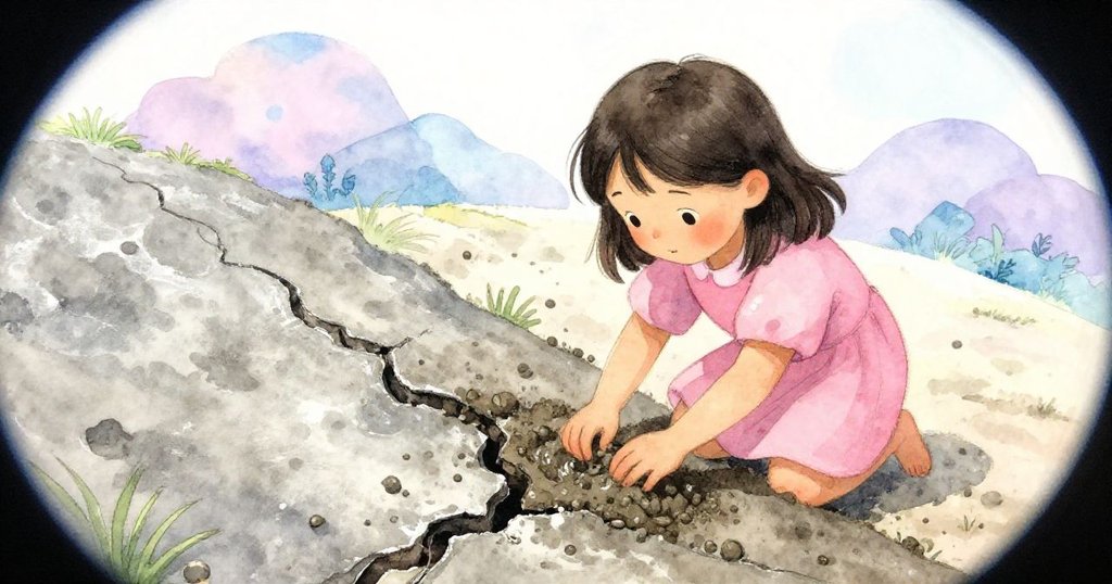 哈里特專心用手指環狀動作塗抹稻田邊泥土，鏡頭呈現夢幻扭曲視角，充滿緊張與專注