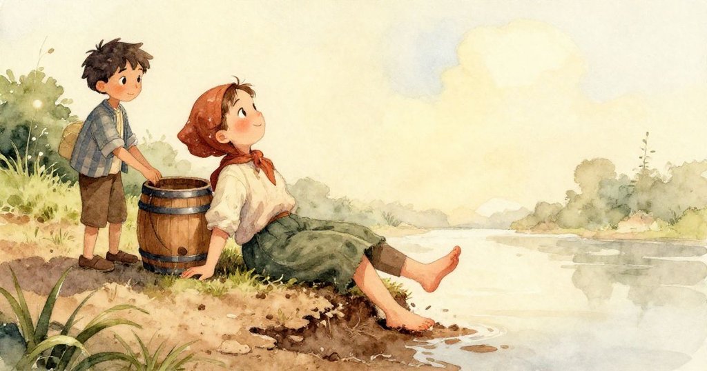 稻田全景中，蜻蜓飛舞，小綠蛙靜立在幼苗上，阿爾瑪與哈里特忙碌於修補，展現大自然生機