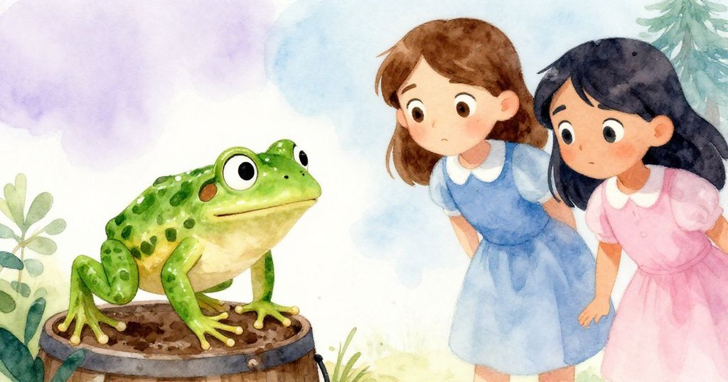 青蛙躍向木桶邊緣，阿爾瑪與哈里特驚訝急動，泥水飛濺中顯示他們的決心與勇氣