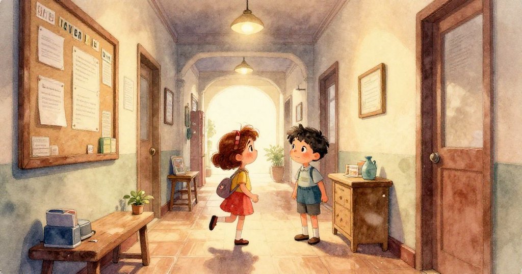 Gwen凝視半開的門，臉上流露出好奇與決心，細膩塵埃與紙屑氛圍襯托出探索情境。