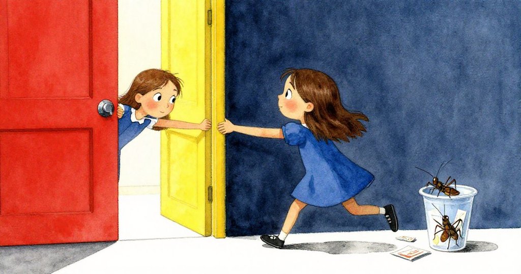 Gwen用力拉門，一旁蟋蟀驚跳入塑膠杯，紙包飛散展現出動作與反應齊發的活潑場面。