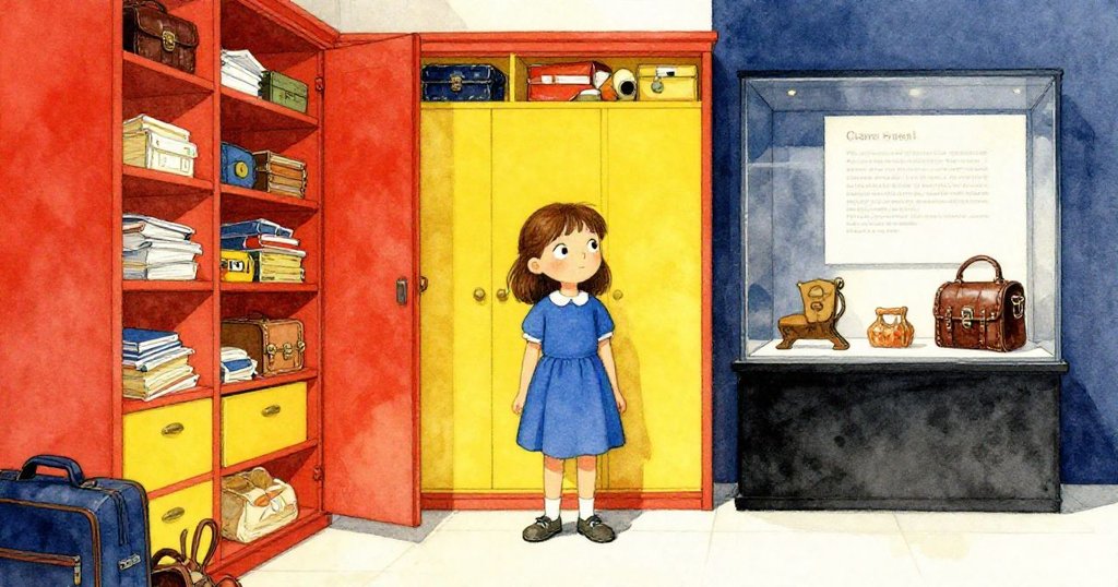 Gwen站在畫面中央，一邊是真實雜亂的倉庫，一邊是溫馨懷舊的博物館記憶，靜思融合現實與回憶。