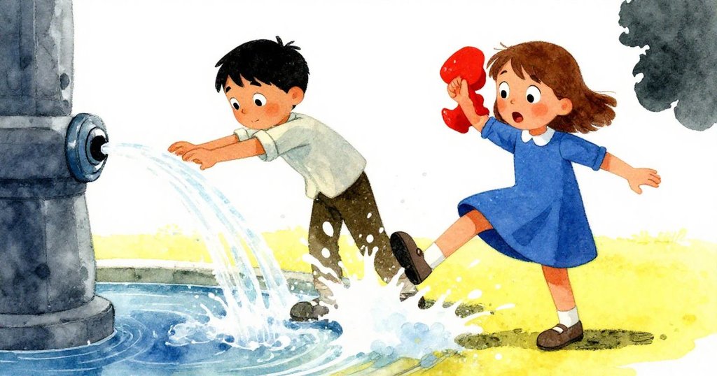 Jarvis不慎碰撞飲水機按鈕，水流橫飛凝固瞬間，Gwen驚訝避讓，展現出意外與動作景象。