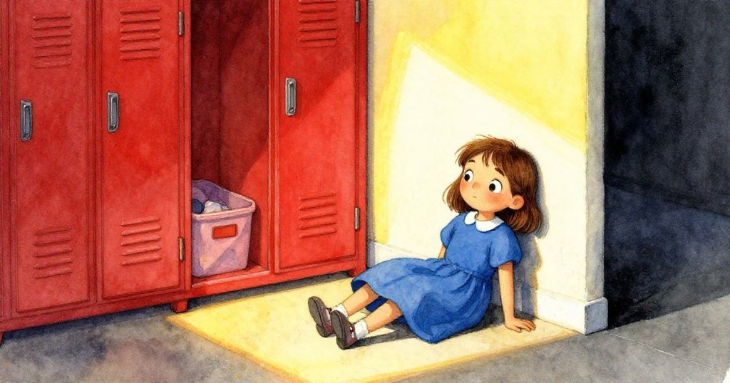 Gwen坐在安靜角落休息，神情放鬆，背景中隱約見供應室，展現出忙碌過後的寧靜與內心平和。