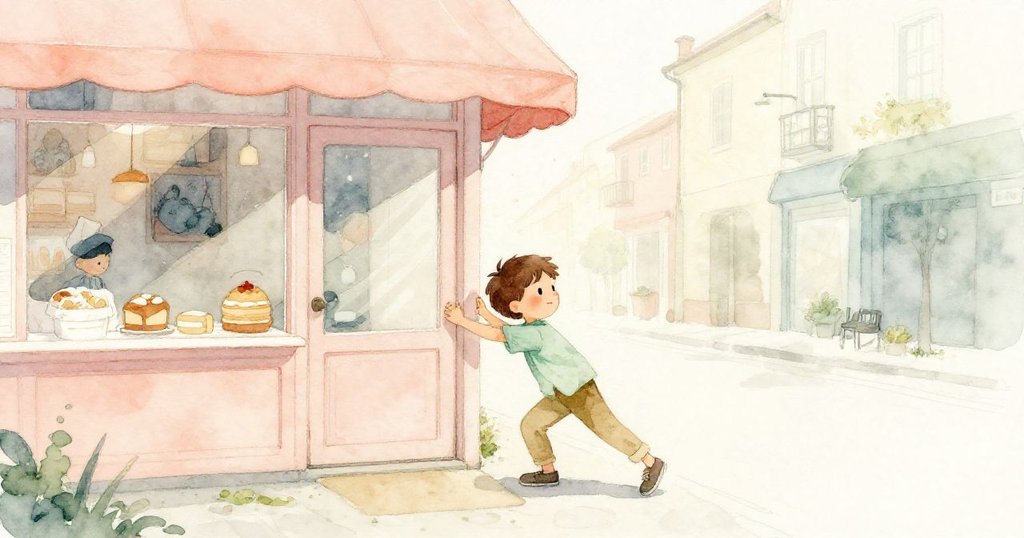 格里爾在清晨推開麵包店的門，肩部帶動涼風，背後飄著落葉，神情充滿期待與活力