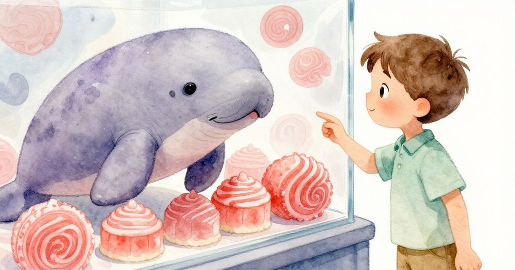 格里爾近距離觀察玻璃櫃中留有糖痕的海牛形甜點，神情專注，背景呈現溫馨烘焙店內細節