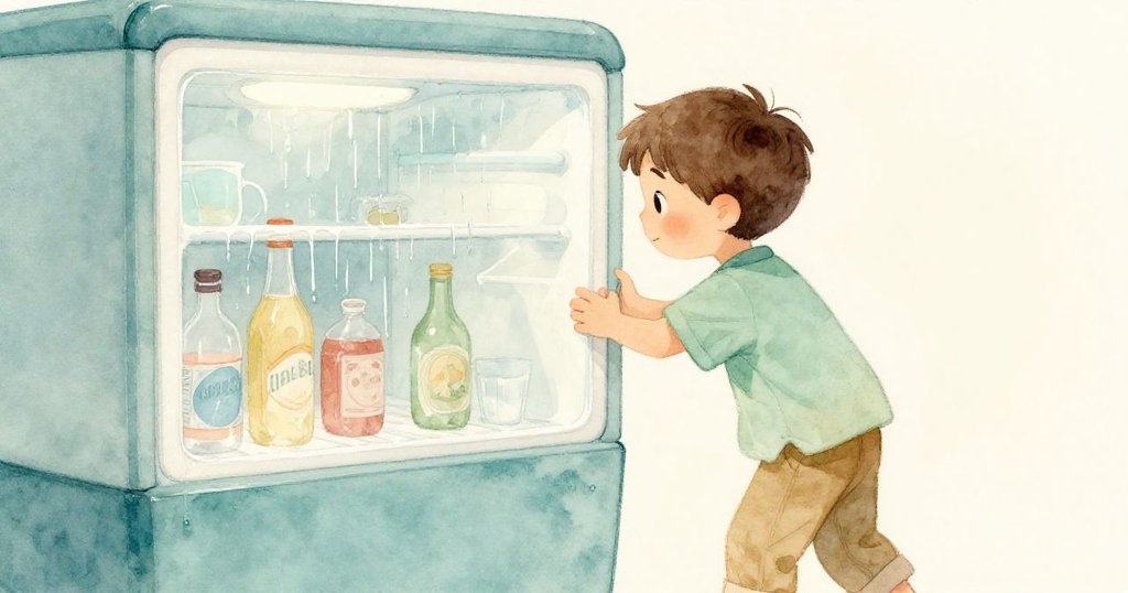 格里爾手持打開盒子滑向冷飲櫃，凝露在玻璃上反映出他堅定神情，室內環境溫柔有序