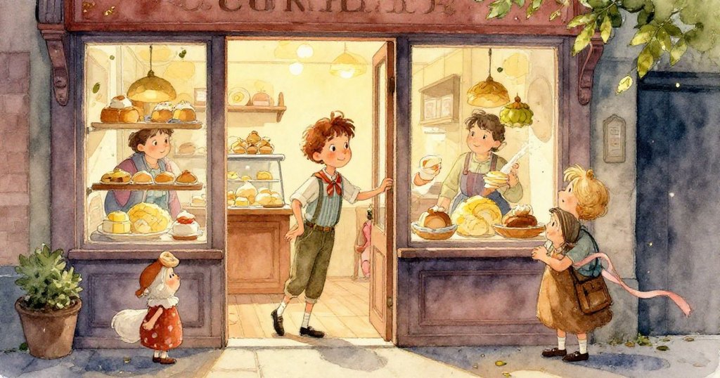 包裝區中緞帶軸卡住，員工努力拉扯，盒子靜止不動，粉狀香氣與緊張感彌漫於烘焙店內