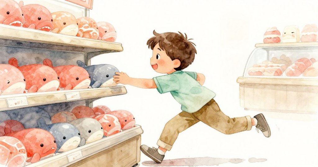 格里爾迅速改變策略，滑向冷飲櫃後急衝回取下下層架上最後的海牛甜點，動作果斷充滿活力