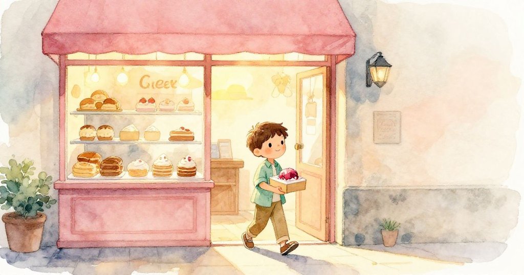 格里爾在夕陽餘暉中步出麵包店，手握裝有甜點的盒子，身後飄蕩著甜蜜霧氣，溫暖而滿懷希望