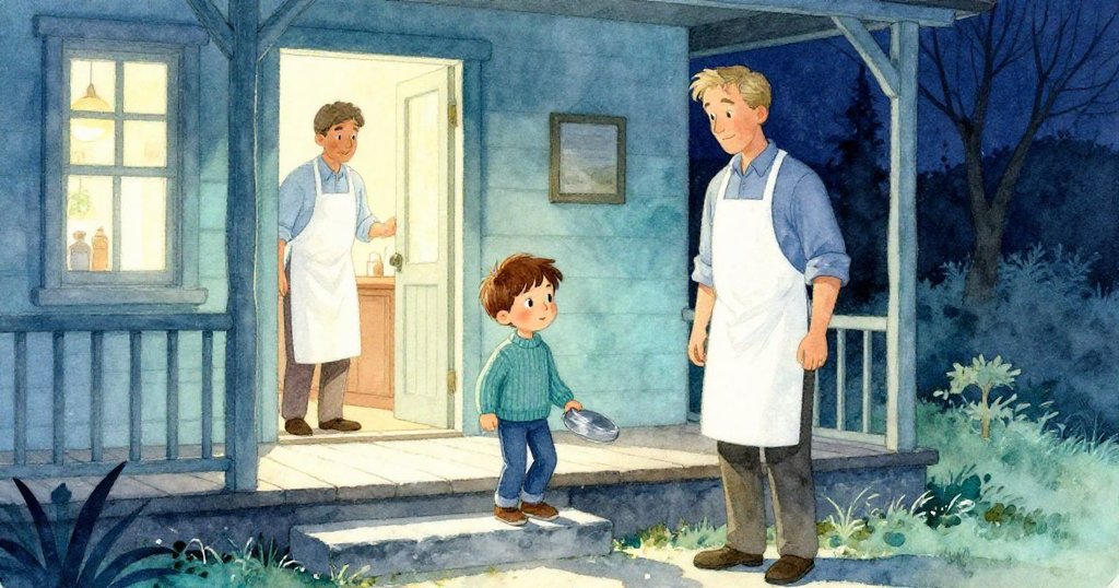 克萊德在溫暖的石質門廊上踏步，金屬蓋輕敲石頭背景中父親在門內靜靜喝茶，夜色柔和，情緒踏入故事起點。