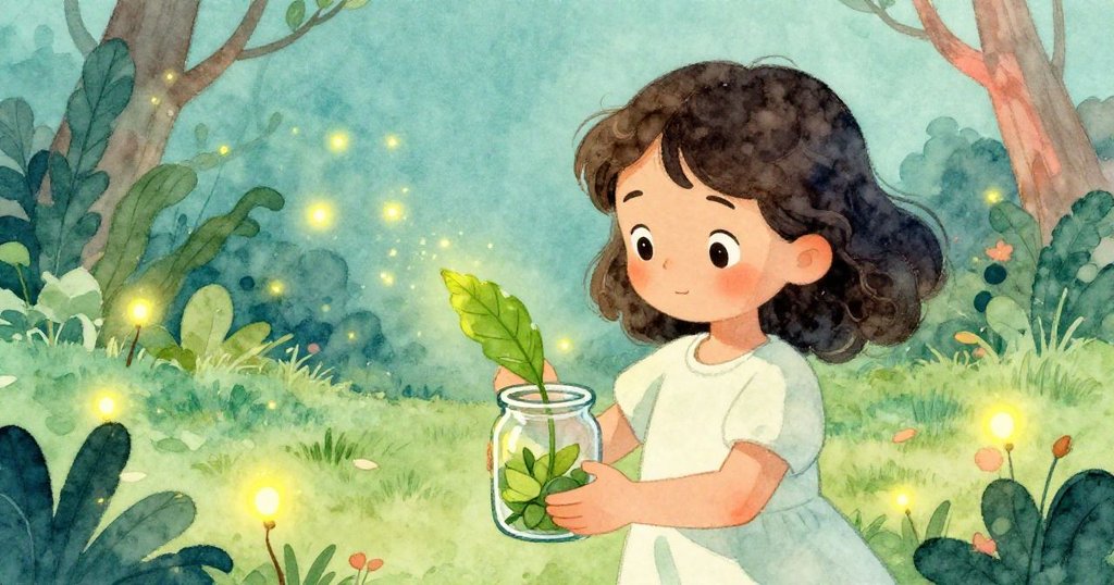 黛莉亞小心拿著空玻璃罐，放入一片大綠葉，罐中微光閃爍的螢火蟲營造出寧靜氛圍，故事進入發展。