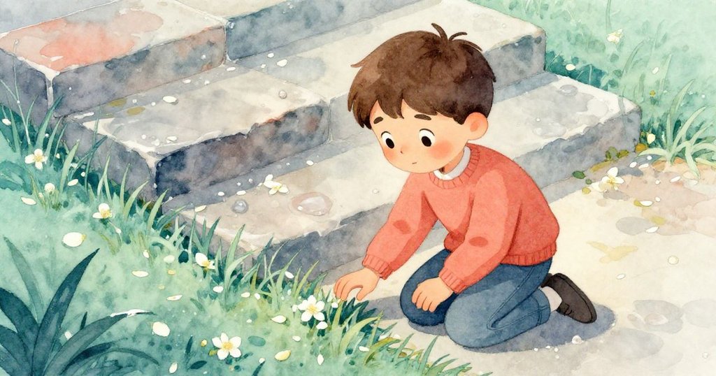 克萊德從高處俯視，跪於沾滿露水的石階上，手指輕觸青草與茉莉花瓣，情緒專注思考，故事漸入內涵。