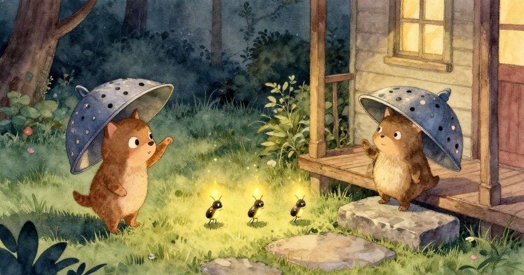 玻璃罐內的近景展示兩隻閃爍的螢火蟲與綠葉、小苜蓿及橙緣花瓣共舞，細節精緻宛如隱秘微觀世界。