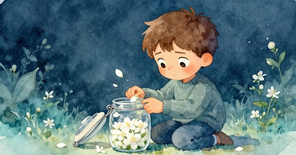 克萊德面露堅定且猶豫的表情，雙指輕拈茉莉花瓣調整罐蓋，展現內心對微光脆弱的關懷，情境充滿矛盾。