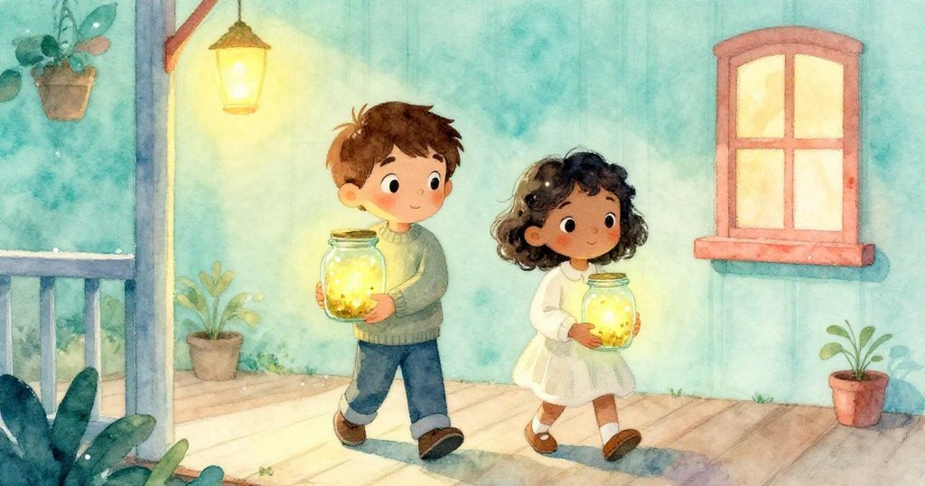 克萊德與黛莉亞並肩走回門廊，手持發光玻璃罐裡的螢火蟲緩緩閃爍，溫馨交流彌漫解決情緒，故事完美收尾。