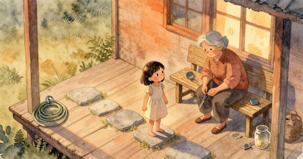 Fern站在石板上，Vera整理庭院工具，高空視角展現溫暖黃昏下風化木製走廊場景，充滿寧靜故事感