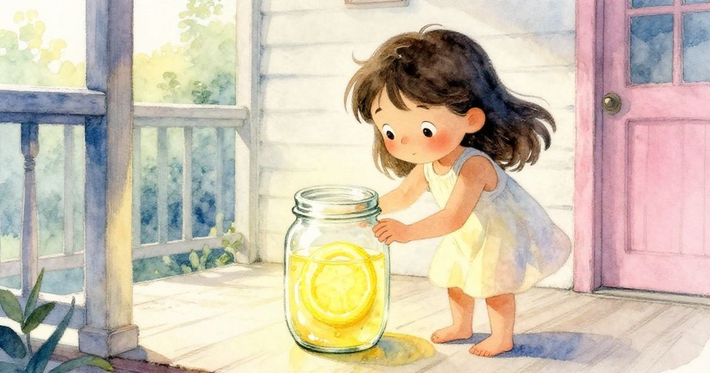 Fern仔細打開帶檸檬水痕跡玻璃罐，柔和燈光映出她專注神情，場景呈現溫暖庭院與空白細節