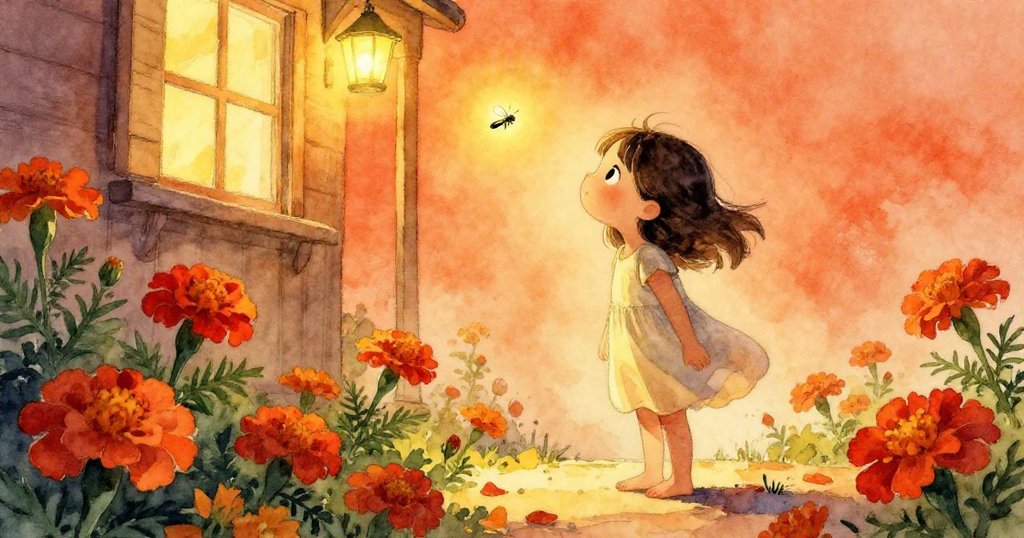 低角度畫面中，Fern仰望漂浮螢火蟲，金色燈光突顯她好奇決心，背景鮮豔馬蹄蓮營造奇幻氛圍