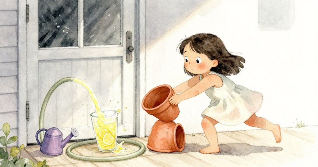 門口轉角處，Fern急速以陶罐阻擋檸檬水連鎖溢出，水管與灌溉罐動態呈現庭院突發情節