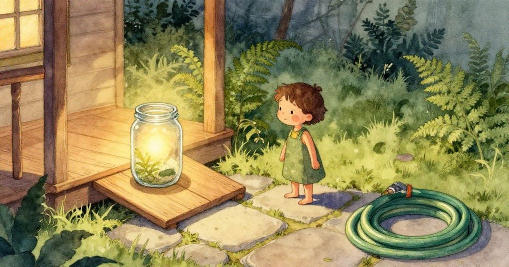 最後檸檬水細流沿風化木板緩行至黑暗草地，夕光餘暉中映出一天故事餘韻與深遠象徵意義