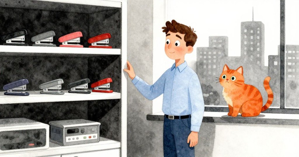 Idris在現代辦公室的角落輕觸訂書機架，窗外隱約顯現城市剪影，Oscar在窗台上注視，神情寧靜而專注。