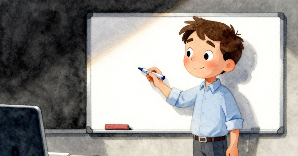 Idris臉部特寫，手握藍色記號筆，在模糊白板前流露出驚奇與愉悅，光影細膩呈現辦公環境。