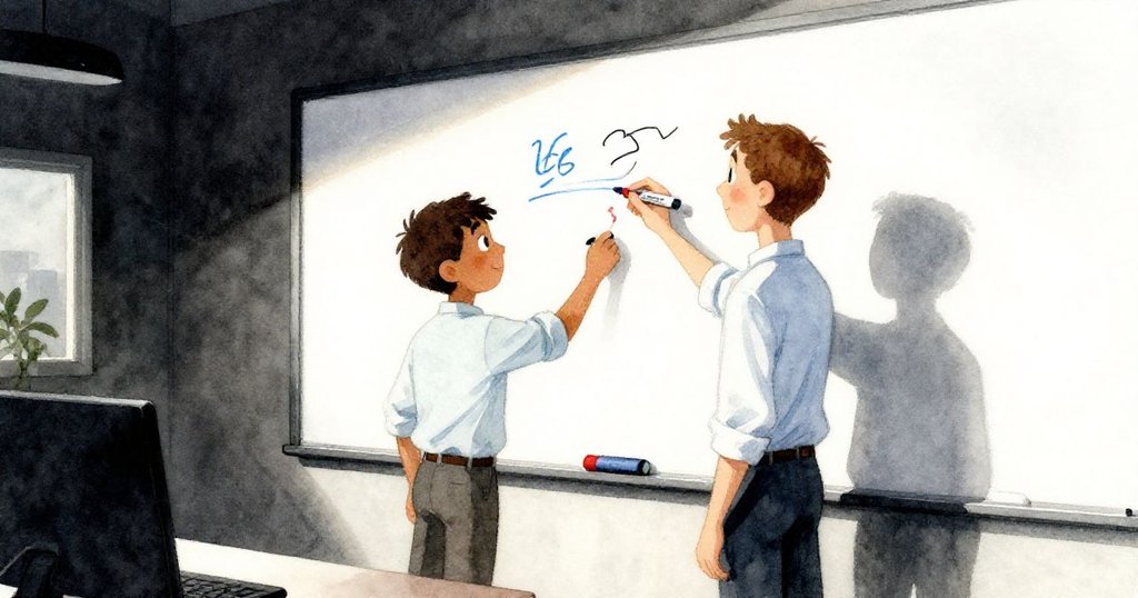 Idris從肩後視角書寫白板，藍黑紅筆跡層層疊疊，手勢生動，辦公室內環境整潔，情緒逐步高漲。