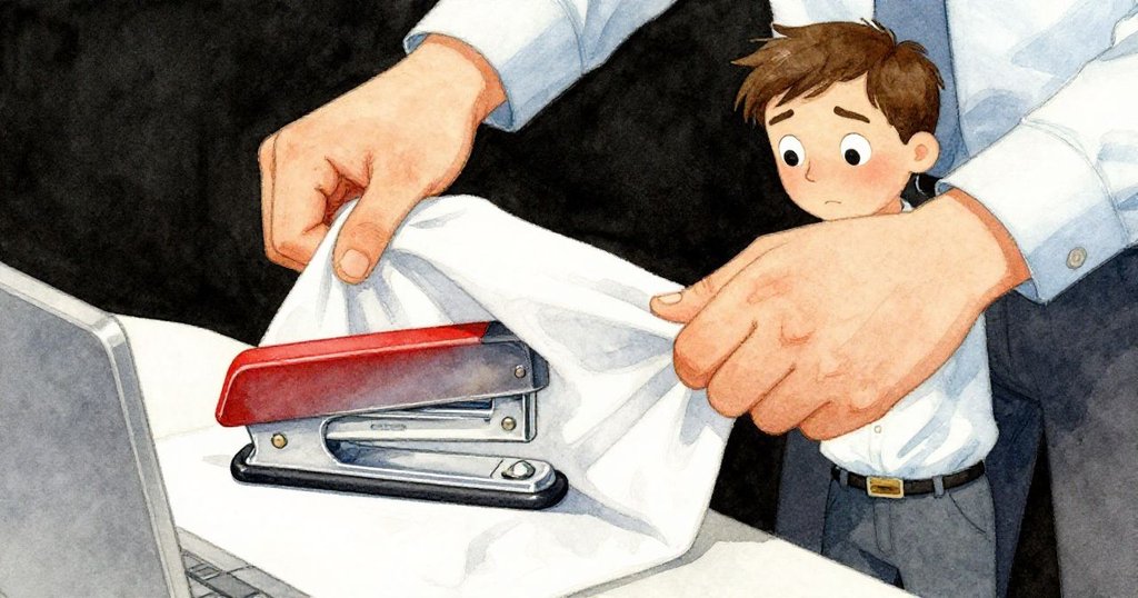 Idris專注拉開桌布，揭示隱藏的金屬訂書機，他的手勢堅定而含情，內心掙扎表露無遺，辦公桌細節豐富。