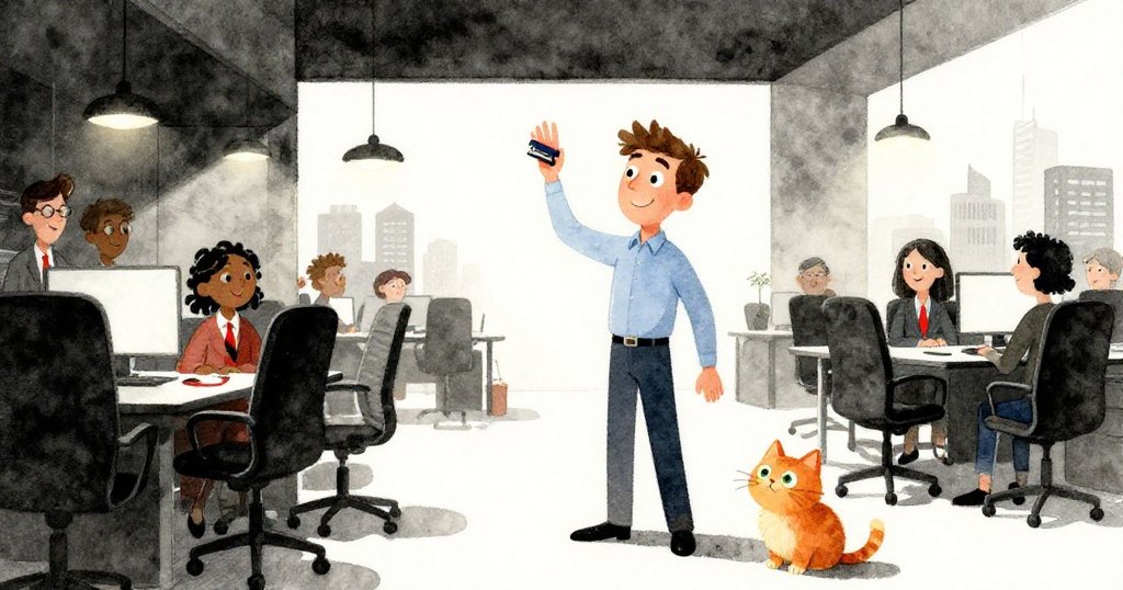 Idris微笑著舉著訂書機離開辦公室，同事和Oscar在窗邊送行，窗外城市剪影映入眼簾，溫暖氣氛洋溢全場。