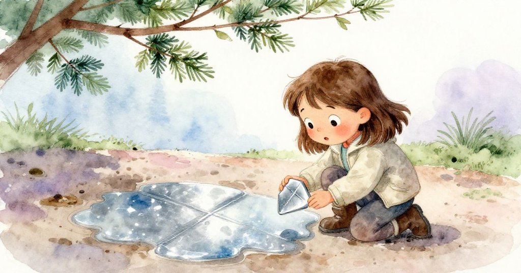 Zara蹲在濕潤泥地水坑邊,好奇地觀察刻有交叉刻痕的銀灰晶片,環境自然寧靜充滿神秘感