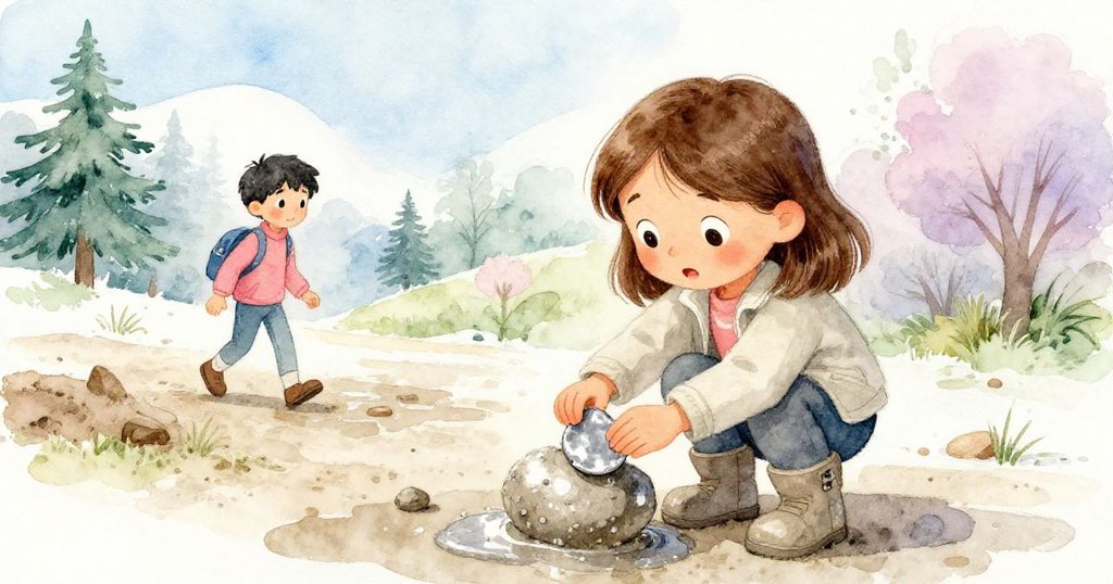 Zara用兩指輕撥晶片,黏土緊抓不放,她細心操作背景中Paul正沿泥路而行,層次分明