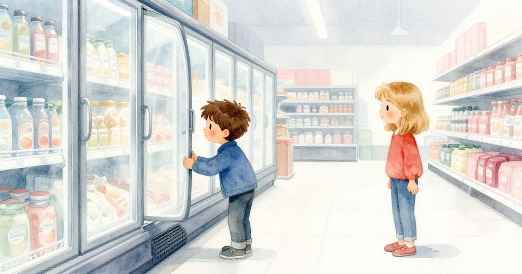 Max輕觸購物車緩衝器，Nora在冰凍通道中靜觀，柔和燈光襯托出平和與期待的氛圍。