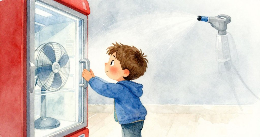 Max凝視冰箱玻璃門，背景細微霧氣流露溫暖對比，展現冰冷與清新並存的奇妙畫面。