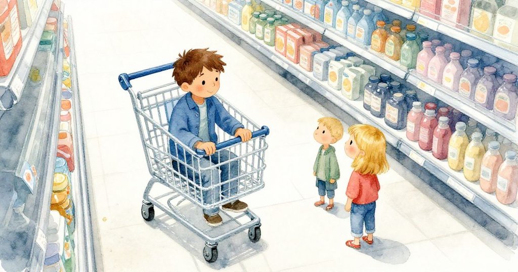 高角度俯視下，購物車冰凍輪子閃爍冰珠，Max與Nora雖小卻展現堅定，突顯困境中的勇氣。