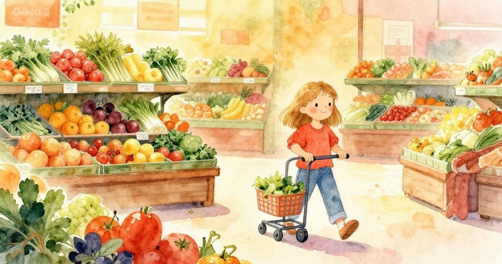 Nora推著購物車走進滿佈新鮮果蔬與薄霧的生鮮區，溫暖光線中呈現出色彩豐富的轉變。