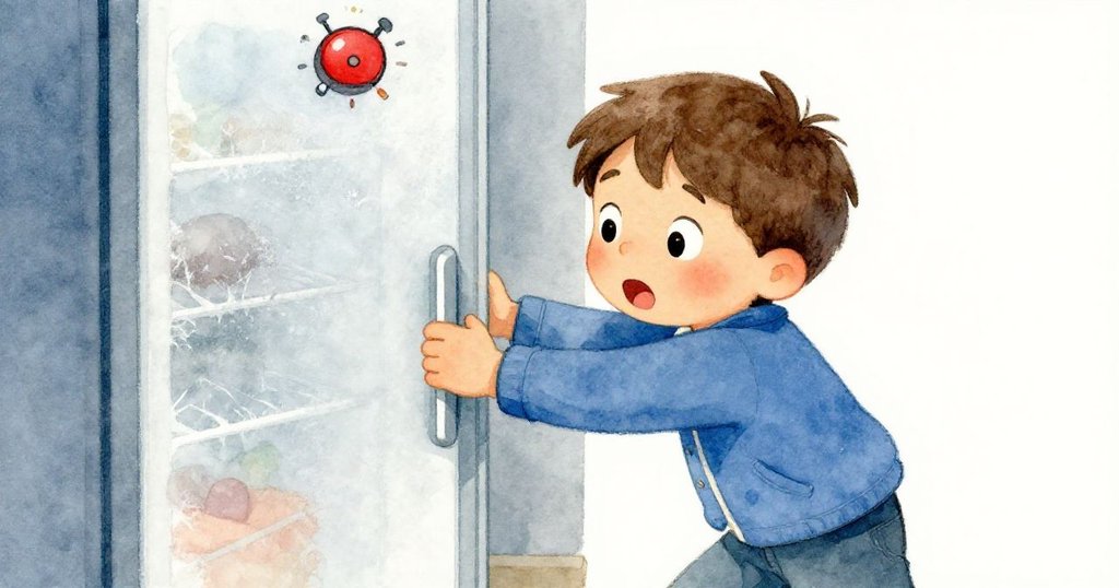 Max緊握扶手，面對覆蓋細霜之冰櫃門和低鳴的警報，神情驚訝且堅定，展現解決難題的瞬間。