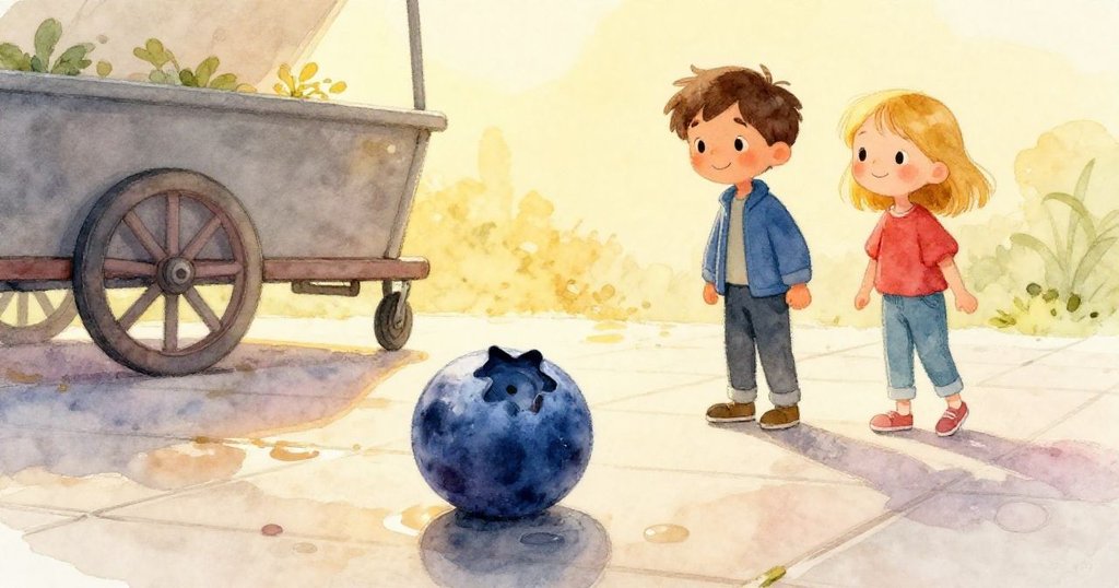 藍莓靜旋於潮濕瓷磚上，Max與Nora在暖金光中流露欣慰笑容，象徵冰凍冒險溫柔落幕。