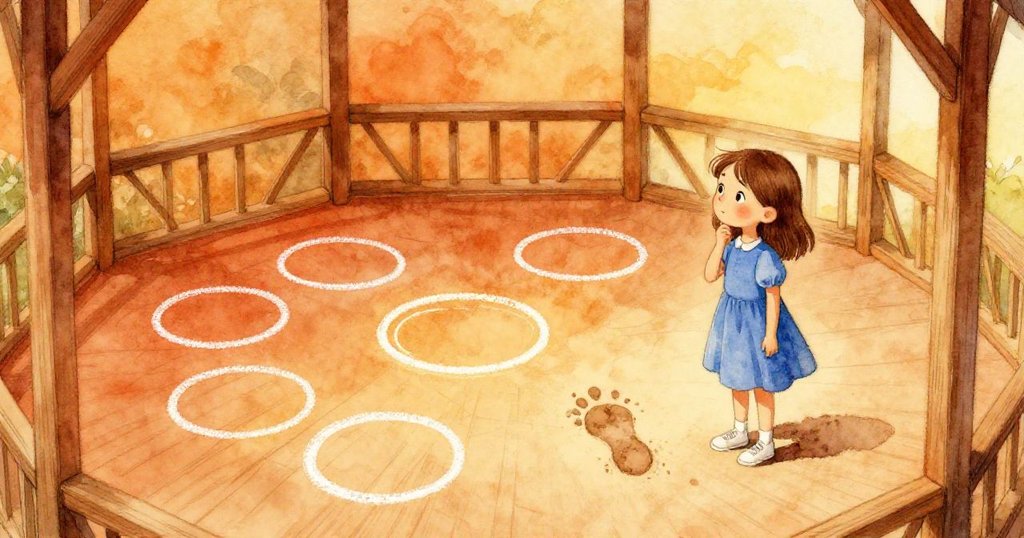 Sara在涼亭木地板上仔細觀察七個鮮豔粉筆圈及模糊第八圈和泥足印,背景光線溫暖,展現好奇與沉思的情緒。