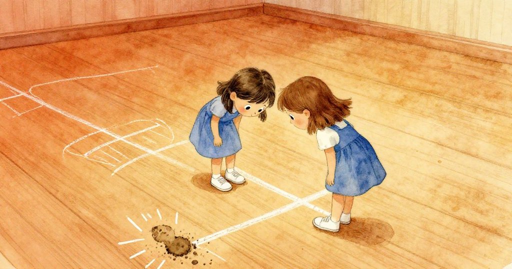 Sara在寬闊空間中靠近地面仔細查看粉筆線條和孤立泥足印,腳步輕盈且神情專注,背景呈現溫暖柔和光影。