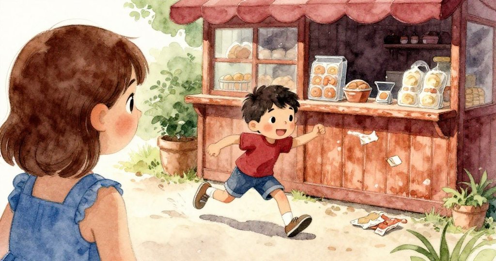 從Sara背後望去,弟弟Dean在小吃亭旁追逐飄揚的包裝紙,神情充滿活力與快樂,場景背景顯示溫暖棕色調。