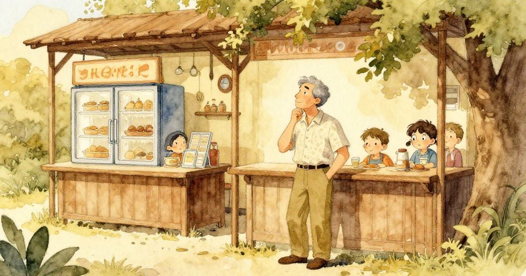 父親站在欄杆下,背景中小吃亭和低鳴冰箱隱約可見,神情深思且帶有懷舊感,溫暖色調環繞。