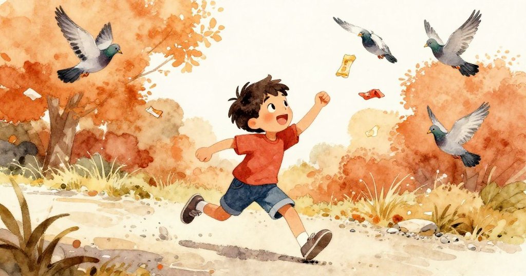 Dean在碎石小徑上奔跑,搶抓飄落包裝紙,鴿子突然展翅飛翔,充滿活力與快樂的氣氛。