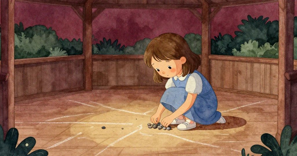 傍晚時分,Sara在靜謐涼亭中細心放置小石子重繪跳房子,背景粉筆線條因雨而變淡,神情平靜且充滿希望。