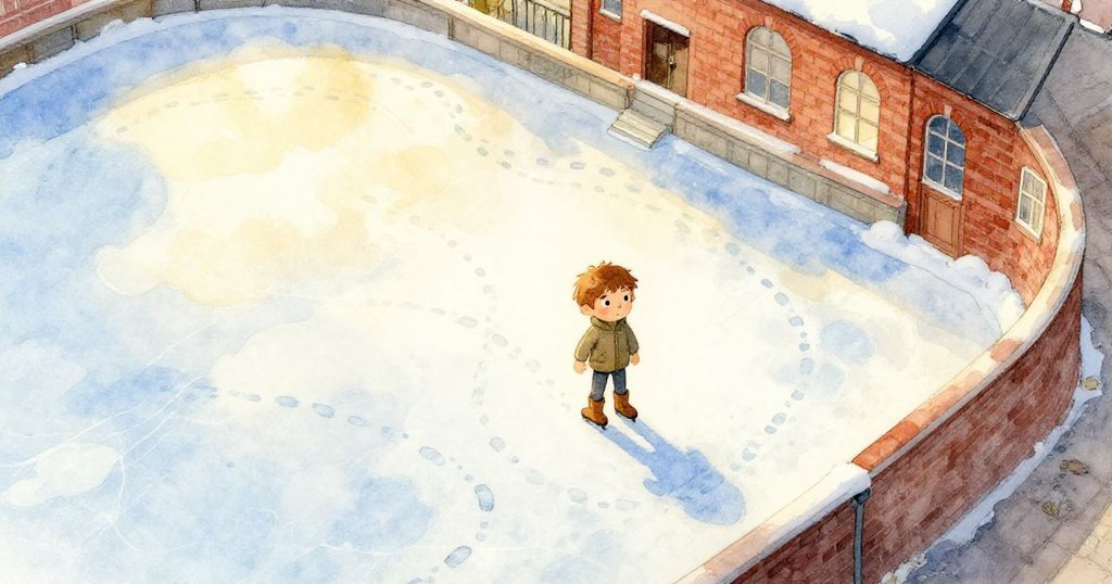 Ian在薄冰上留下一串足跡,紅磚療養院在背景中映襯晨光,展現出寧靜而期待的冒險氛圍。